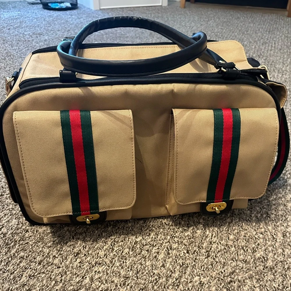 Tan Pet carrier bag with Striped Accents.